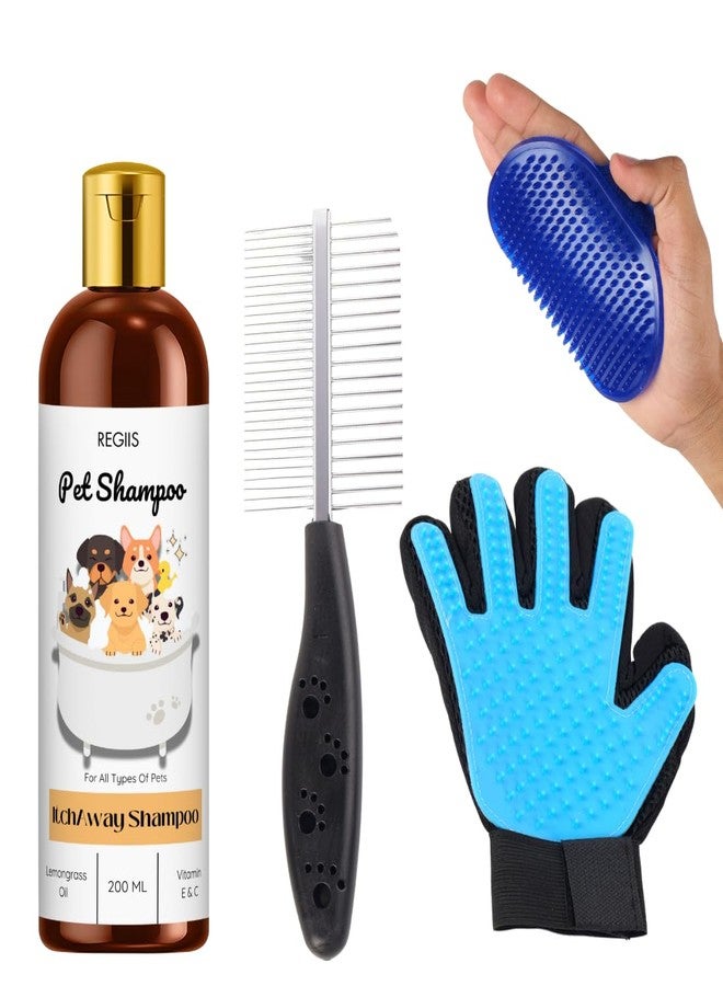 مجموعة العناية بالحيوانات الأليفة مع شامبو للكلاب 200 مل، وقفاز لإزالة الشعر الزائد وفرشاة، مجموعة استحمام احترافية لجميع أنواع الحيوانات الأليفة (عبوة من 4 قطع) - Image 1